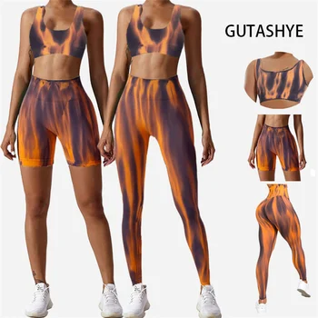 Moda Aurora Impressão Perfeita Ginásio Amassar Conjunto de Shorts de Empurrar as Mulheres Sportswear Yoga Vestir Terno de Treinamento para Adequação do Esporte Roupa