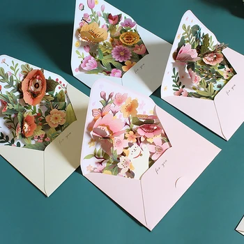 Festa de Casamento Decoração Criativa Menina Presentes Romântica de Flores de Aniversário Cartão de Natal em 3D de janelas de Pop-up de Cartões de Felicitações Conjunto Postal