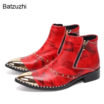Batzuzhi de Luxo, feitos à mão dos Homens Botas Sapatos de Pontas de Metal Toe Vermelho de Couro Genuíno Botas Homens Zip Botas Hombre Festa/Casamento Botas