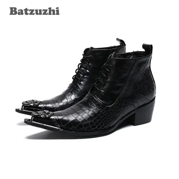 Batzuzhi de 6,5 cm de Salto Homens Tornozelo Botas de Topo Laço Vestido de Sapatos de Cabedal Preto Botas de Calçado, Tamanhos Grandes 38-46