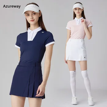 Azureway Mulheres coreano Rápido-seca Golf Tops de Manga Curta, Camisa de Polo de Golfe, de Tênis de Uma linha de Skort luz Anti-Saia de Menina Conjunto de Roupas