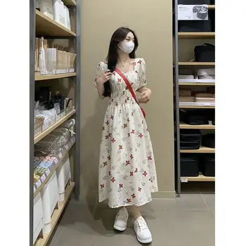 Vestidos de Impressão Floral Praça Gola Puff Manga Plissado Uma Linha Slim Cintura Elástica Bonito Meninas Doces Vestidos De 2023 Vestido para as Mulheres