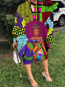 2022 mulheres de verão das mulheres Africanas praia tropical saia morcego manga do vestido de festa vestido de noite retro Rua Manga Longa Vestido