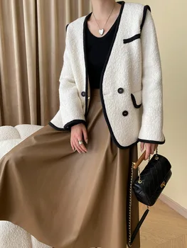 OL Temperamento V-Pescoço Casaco de Lã Branco Preto Outono Inverno das Mulheres Tweed Casacos Elegantes Moda Outerwears