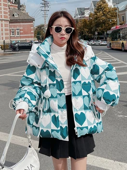 Coração de Impressão Xadrez Curto com Capuz Algodão Solto Grossa Quente Mulheres ' s Coats coreano Moda Zíperes de Manga comprida Casaco de Inverno Mulheres