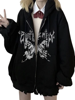 Y2k Roupas Oversized hoodies Para as Mulheres Zip Gráfico com Capuz de Moletom Jaqueta de Grunge Fairycore Casacos Camisolas Harajuku