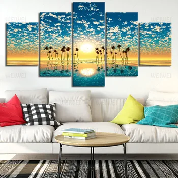 O mar pôr do Sol de Lona Cartazes de Decoração de Casa de Arte de Parede para 5 Peças Pinturas Para a Sala de HD Estampas Modernas Imagens da Paisagem