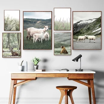 Arte Moderna Tela De Pintura Da Natureza Animal Paisagem Cartaz Ovelhas Urso Veado Prados Imagem Home Sala Quarto A Decoração Da Parede