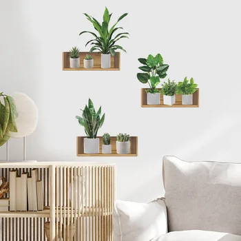 Natureza Verde Vasos de Plantas de Folhas de Grama Adesivos de Parede Adesivos de Parede 3D Falso Prateleira Imagem de Decoração para Sala de estar, Escritório Murais