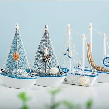 1pc Mini Estilo Mediterrâneo Marinha Náutico de Madeira do Barco Azul Navio de Madeira Artesanato Enfeites de Festa, Decoração do Quarto