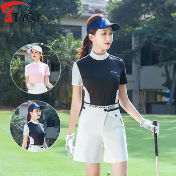 TTYGJ Camisa de Golfe para Mulheres Stand Colarinho de Golfe T-shirt de Retalhos de Curto Tops de Manga Elástica de Alta Protetor solar Desgaste dos Esportes Slim Jersey