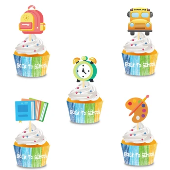 Bem-vindo de Volta Para a Escola Cupcake Toppers Wrappers DIY Cupcake Forro de Bolo de Aniversário, Decoração Infantil Estudantes Festa de Sobremesa de Suprimentos