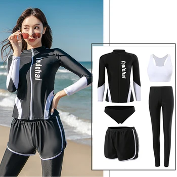 Mulheres 5pcs/set de Manga Longa de Proteção solar do Protetor do Prurido de Roupa de Maiô Topos & Fundos de Nadar de Surf de Zip de Camisa de meia-Calça Biquini