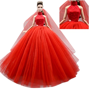 NK Vestido de Noiva Vermelho para Bonecas Barbie Princesa da Festa à Noite Vestido de Roupas Usa Vestido Longo Roupas + Véu 1/6 Boneca Acessórios