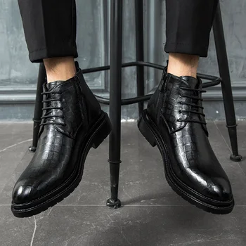 Tamanho 38-44 de Calçado de homem Laço de Couro Confortáveis Ankle Boots da Marca masculina Casual Botas Preto/marrom Geométricos Impressos A213