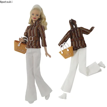 Brown Plaided Moda De Roupas Para A Boneca Barbie Com Roupas De Jaqueta Branca, Calça Os Sapatos, Saco Para A Barbie 1/6 Bonecas Acessórios Brinquedos
